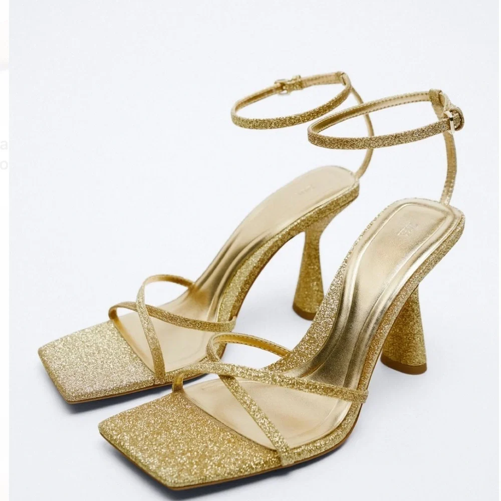 Zara Metallic Gold Cross Band Ankle Strap Sandal - Picture 2 of 8